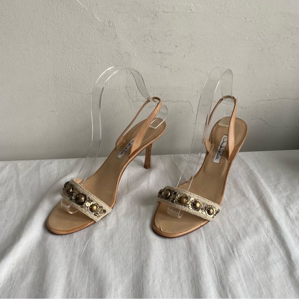 Oscar De La Renta Beaded Linen Sling Back Sandals Kitten Heels